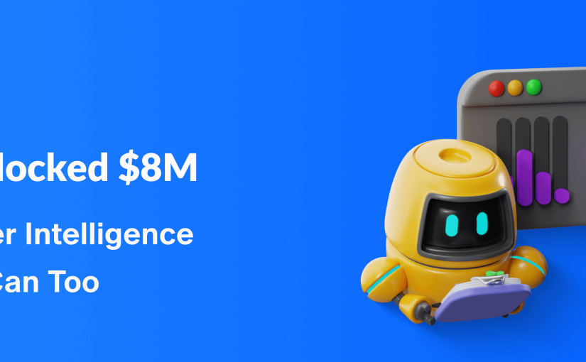 How Appgain unlocked $8M using customer intelligence – blog header image with robot, analytics dashboard, and magnifying glass.
