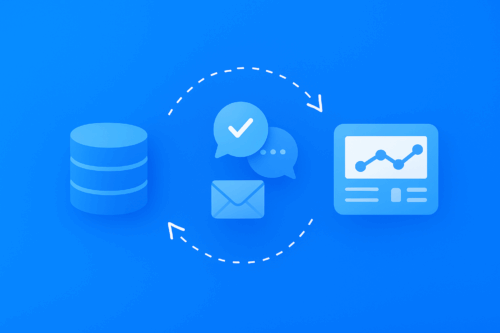 Visual illustration showing fragmented communication channels scattered around a central workspace, symbolizing disorganized customer communication.