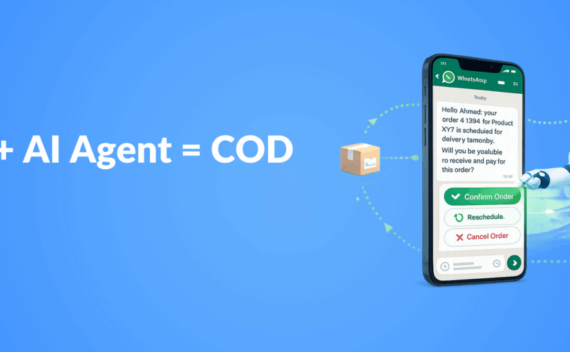 Illustration showing WhatsApp automation combined with an AI agent to verify Cash on Delivery (COD) orders, including order confirmation, delivery flow, and successful verification.