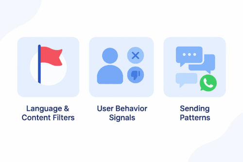 A clean blue infographic illustrating three reasons WhatsApp flags messages: language and content filters, user behavior signals, and sending patterns.